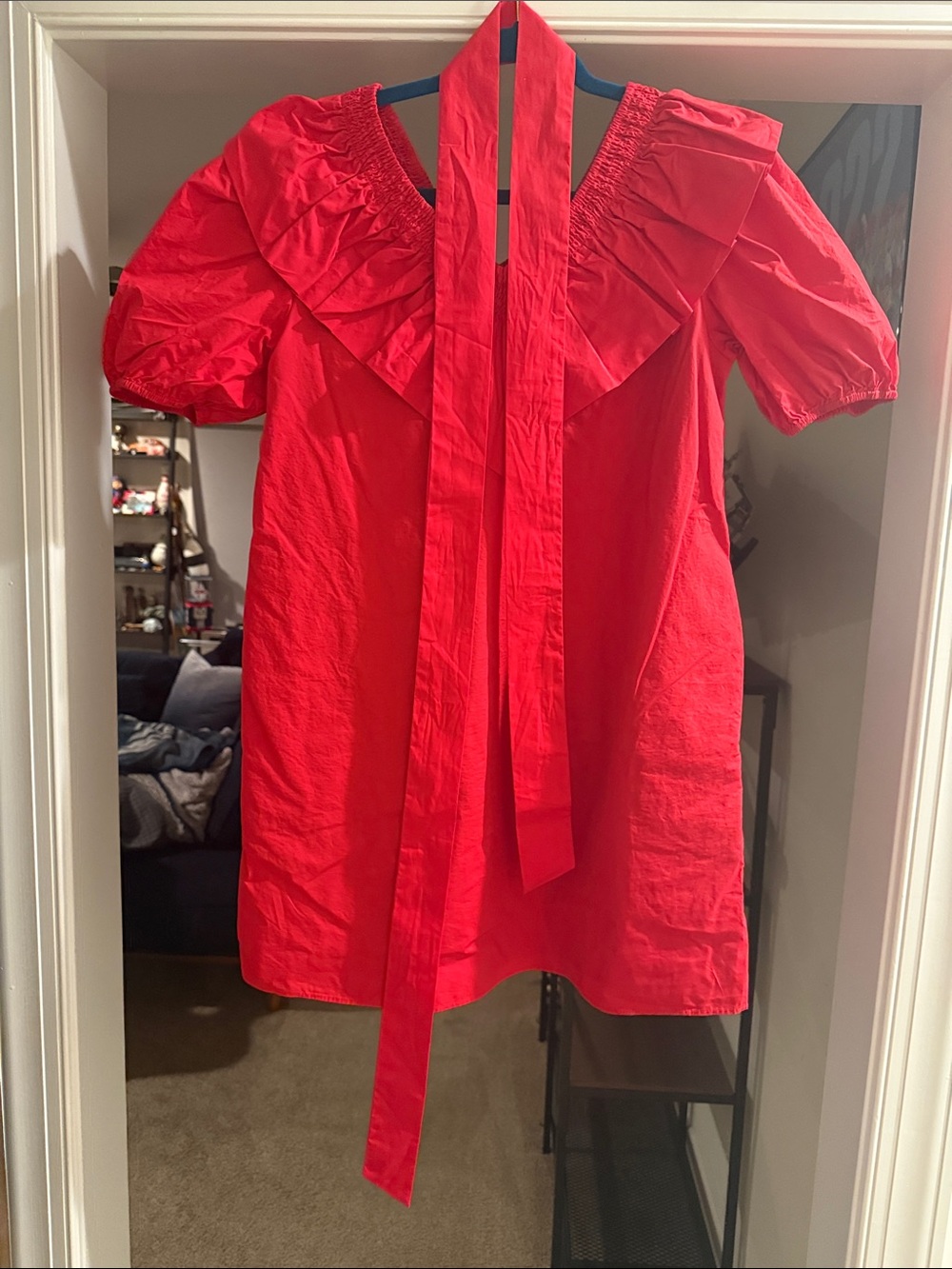 Red Puff-Sleeve Ruffle Mini Dress with Neck Tie